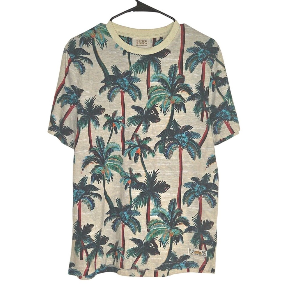 Scotch & Soda Shirt Mens Small White Tropical Palm Tree Wave Graphic Beach Tee
